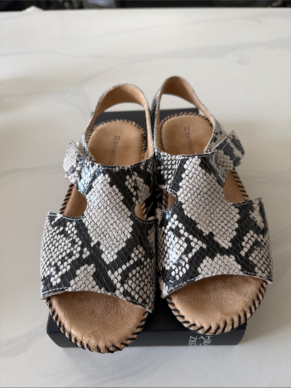 Naturalizer Snake Print Leather Sandals in Black and White